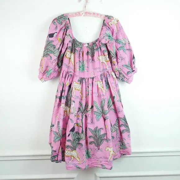 Darlington Isle Large Cayman Brac Dress Pink Babydoll Jungle Print Resort Cotton - Picture 1 of 10